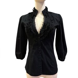 Black Ruffle-Trim Button-Down Blouse with Lace V-Neck